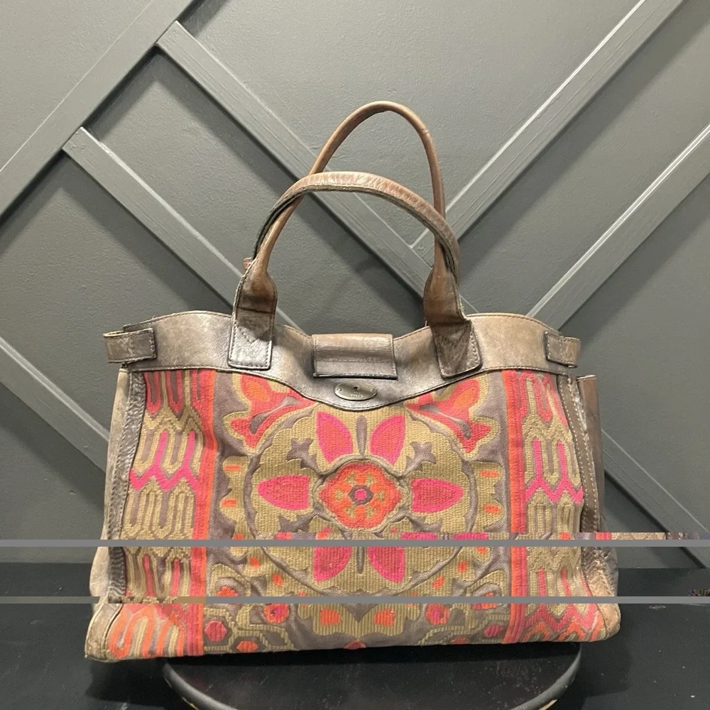 Fossil Vintage Leather Tapestry Satchel Handbag Boho Floral Key Charm Brown